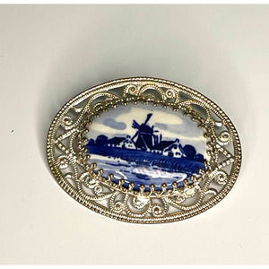 Silver Filigree Metal Brooch Blue White Windmill